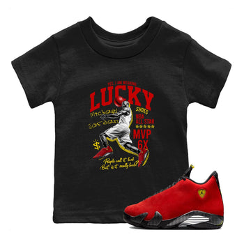 Lucky Player baby and kids t-shirt crafted for little sneakerheads to shine with the Air Jordan 14 Challenge Red sneakers, AJ14 Ferrari,  displayed in Black 1.