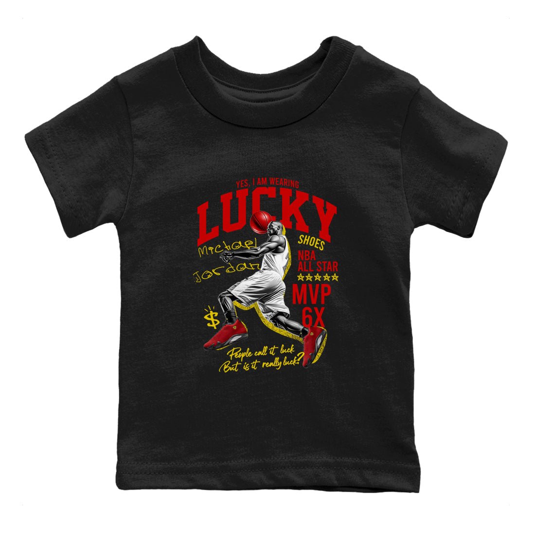 Lucky Player baby and kids t-shirt crafted for little sneakerheads to shine with the Air Jordan 14 Challenge Red sneakers, AJ14 Ferrari,  displayed in Black 2.