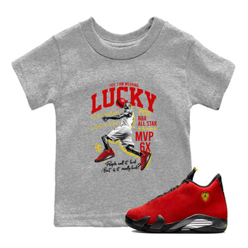 Lucky Player baby and kids t-shirt crafted for little sneakerheads to shine with the Air Jordan 14 Challenge Red sneakers, AJ14 Ferrari,  displayed in Heather Grey 1.