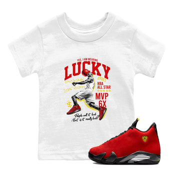 Lucky Player baby and kids t-shirt crafted for little sneakerheads to shine with the Air Jordan 14 Challenge Red sneakers, AJ14 Ferrari,  displayed in White 1.