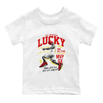 Lucky Player baby and kids t-shirt crafted for little sneakerheads to shine with the Air Jordan 14 Challenge Red sneakers, AJ14 Ferrari,  displayed in White 2.