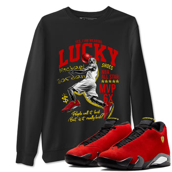 Lucky Player sneaker match t-shirt styled to complete your fit with the Air Jordan 14 Challenge Red sneakers, AJ14 Ferrari,  shown in Black 1.