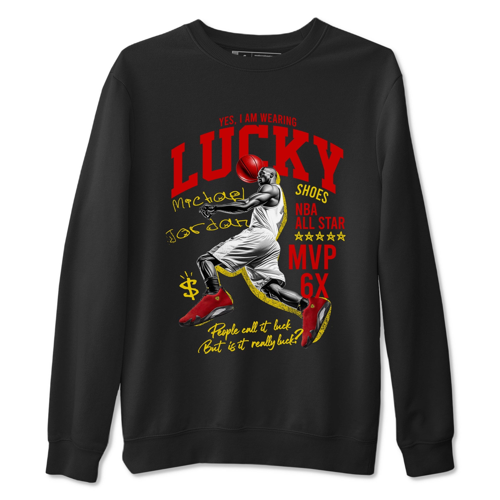 Lucky Player sneaker match t-shirt styled to complete your fit with the Air Jordan 14 Challenge Red sneakers, AJ14 Ferrari,  shown in Black 2.
