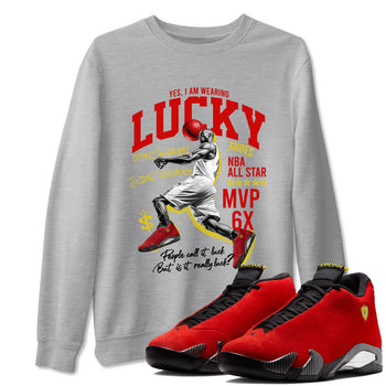 Lucky Player sneaker match t-shirt styled to complete your fit with the Air Jordan 14 Challenge Red sneakers, AJ14 Ferrari,  shown in Heather Grey 1.