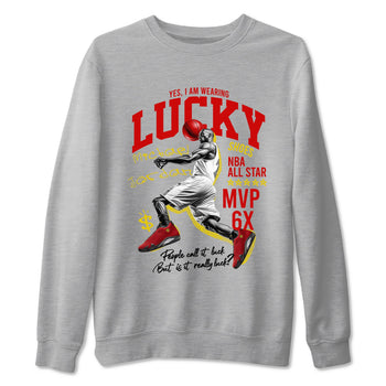 Lucky Player sneaker match t-shirt styled to complete your fit with the Air Jordan 14 Challenge Red sneakers, AJ14 Ferrari,  shown in Heather Grey 2.