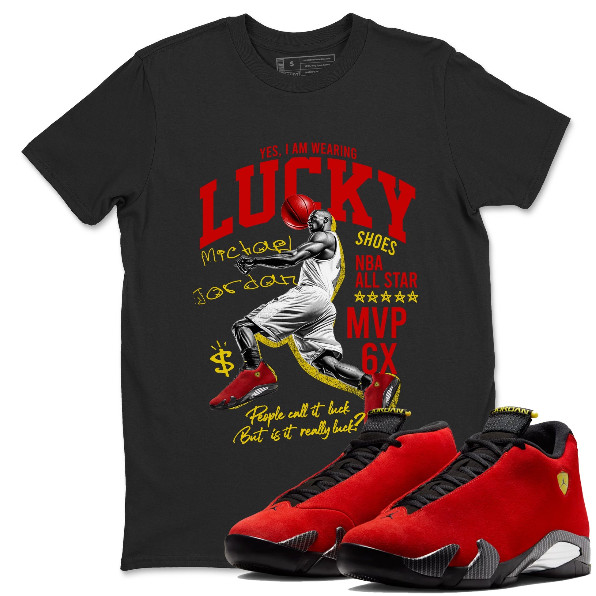 Lucky Player sneaker match t-shirt styled to complete your fit with the Air Jordan 14 Challenge Red sneakers, AJ14 Ferrari,  shown in Black 1.