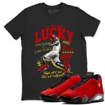 Lucky Player sneaker match t-shirt styled to complete your fit with the Air Jordan 14 Challenge Red sneakers, AJ14 Ferrari,  shown in Black 1.
