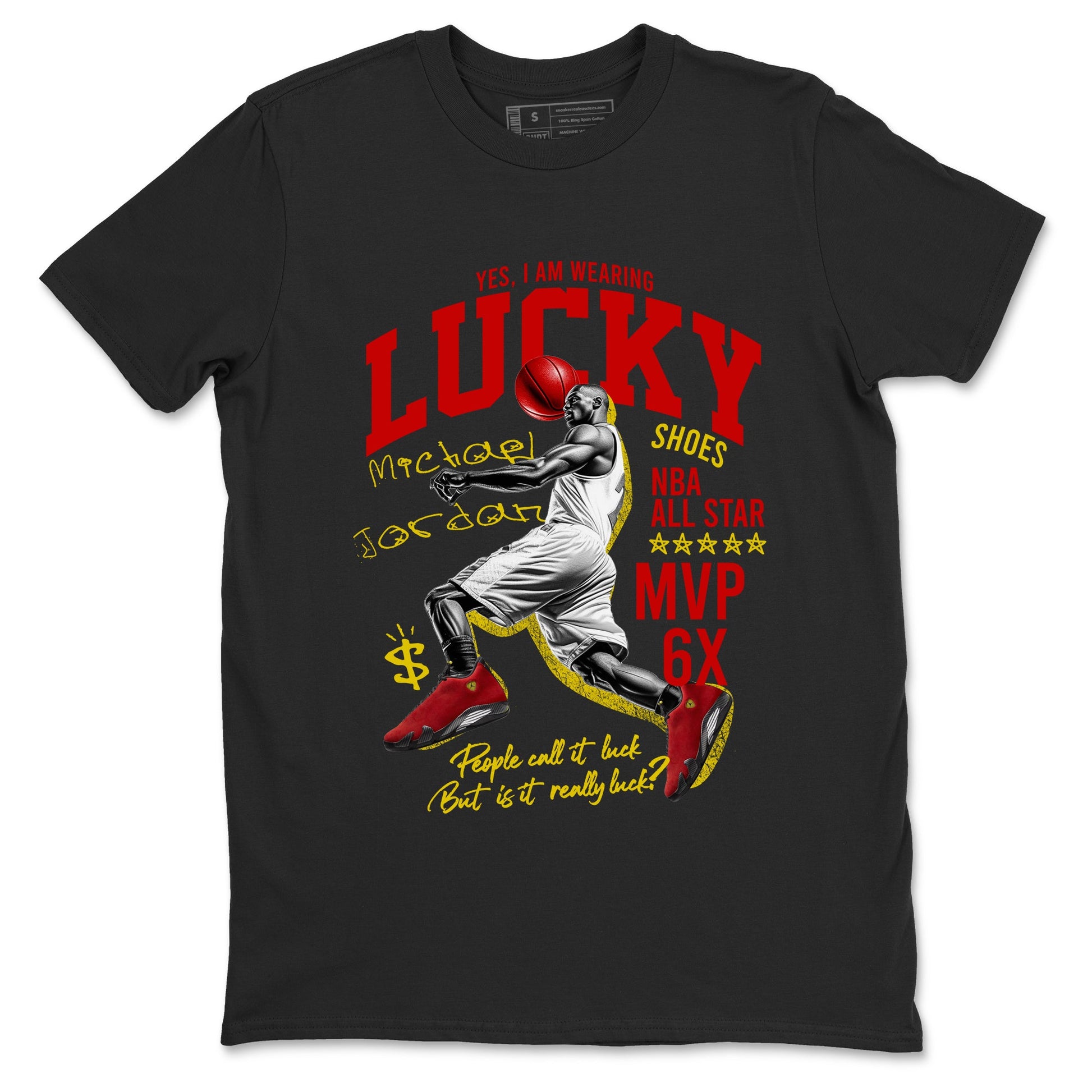 Lucky Player sneaker match t-shirt styled to complete your fit with the Air Jordan 14 Challenge Red sneakers, AJ14 Ferrari,  shown in Black 2.