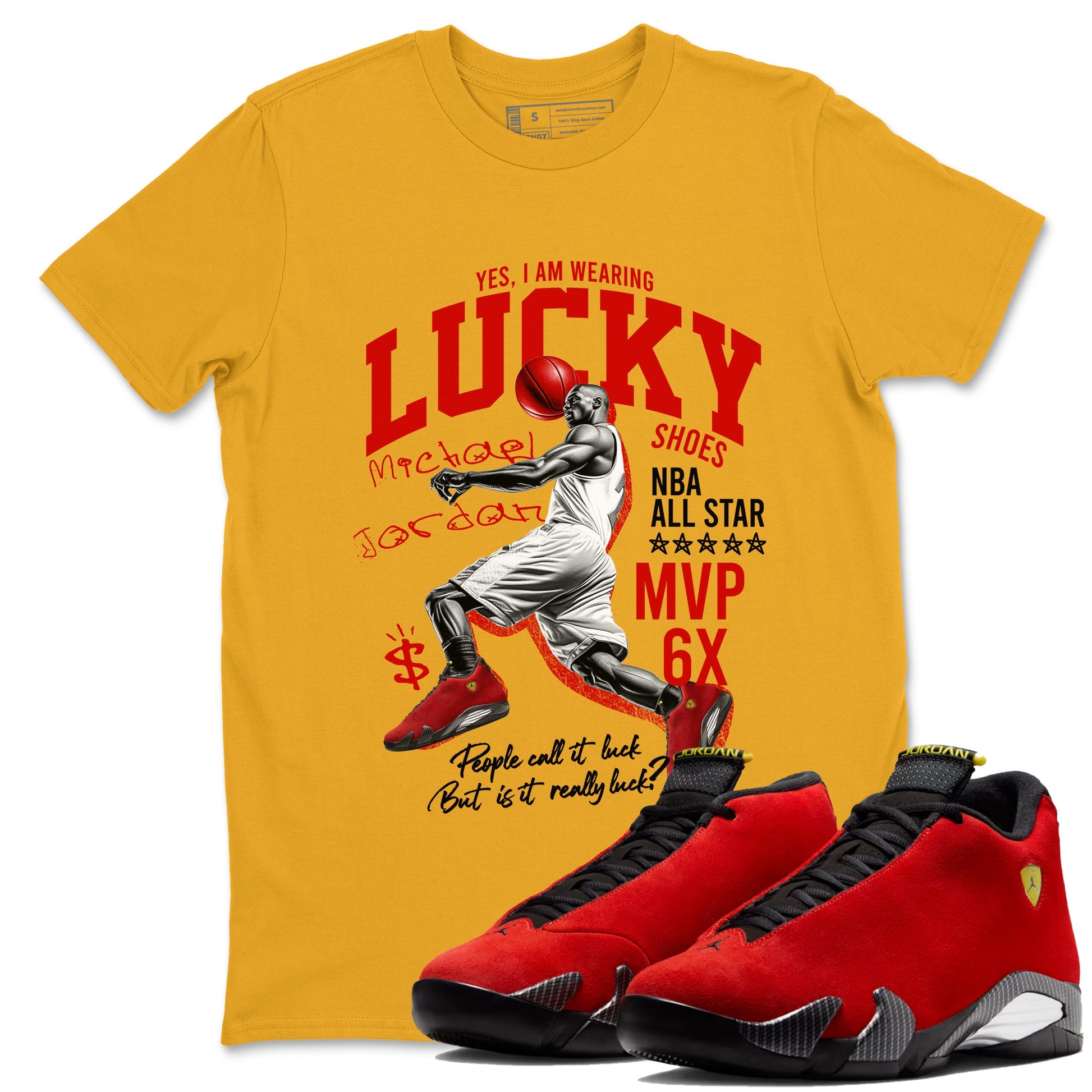 Lucky Player sneaker match t-shirt styled to complete your fit with the Air Jordan 14 Challenge Red sneakers, AJ14 Ferrari,  shown in Gold 1.