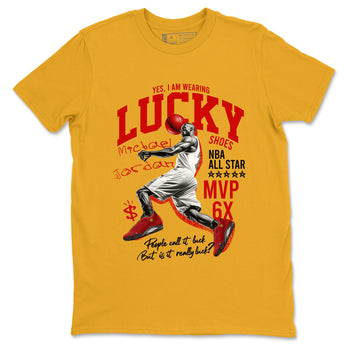 Lucky Player sneaker match t-shirt styled to complete your fit with the Air Jordan 14 Challenge Red sneakers, AJ14 Ferrari,  shown in Gold 2.