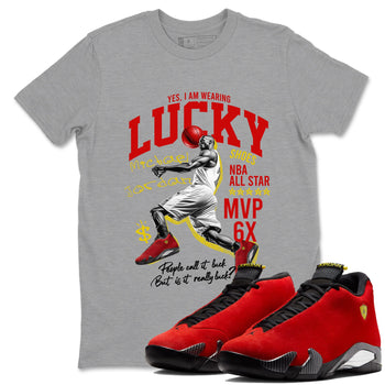 Lucky Player sneaker match t-shirt styled to complete your fit with the Air Jordan 14 Challenge Red sneakers, AJ14 Ferrari,  shown in Heather Grey 1.