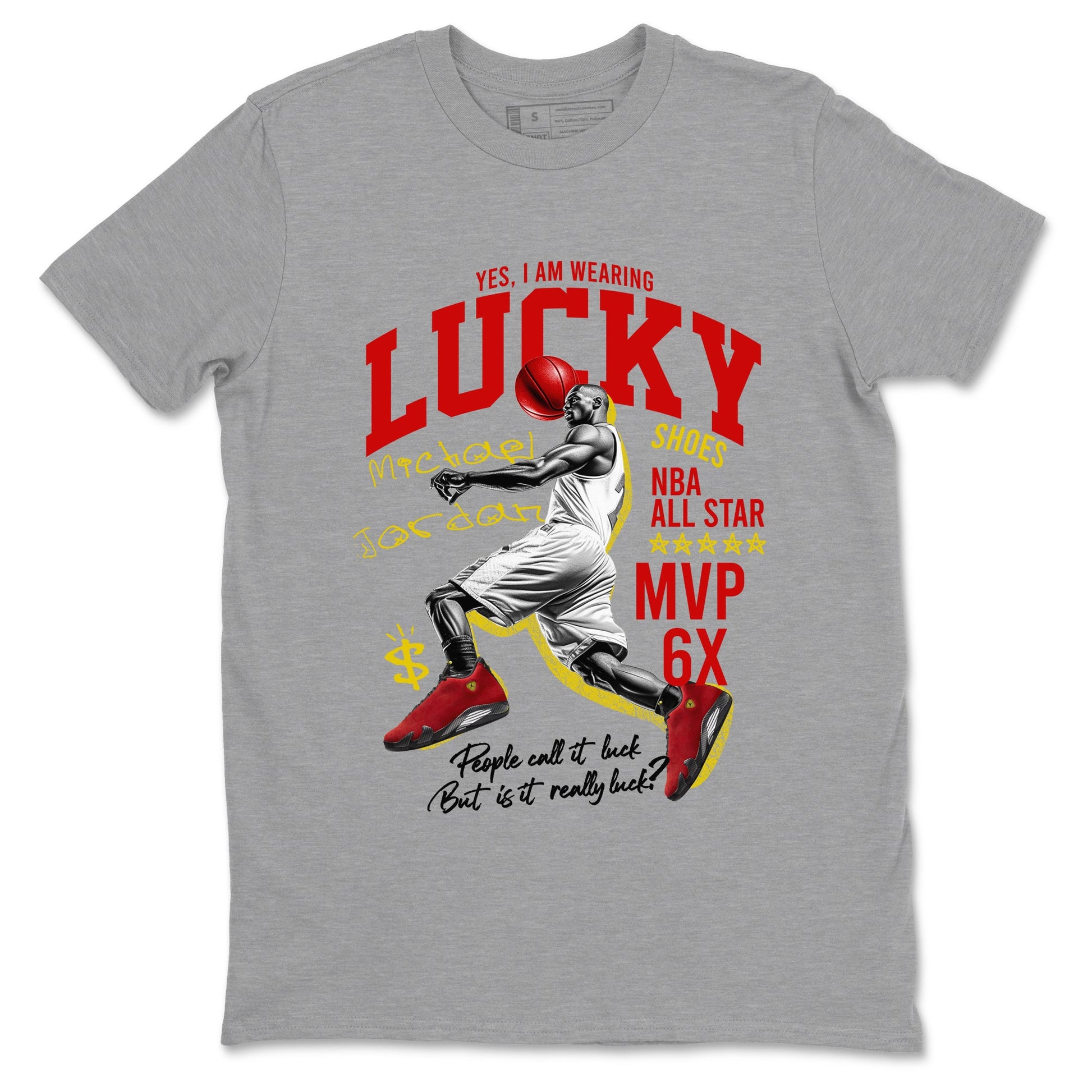 Lucky Player sneaker match t-shirt styled to complete your fit with the Air Jordan 14 Challenge Red sneakers, AJ14 Ferrari,  shown in Heather Grey 2.