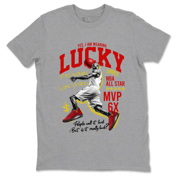 Lucky Player sneaker match t-shirt styled to complete your fit with the Air Jordan 14 Challenge Red sneakers, AJ14 Ferrari,  shown in Heather Grey 2.