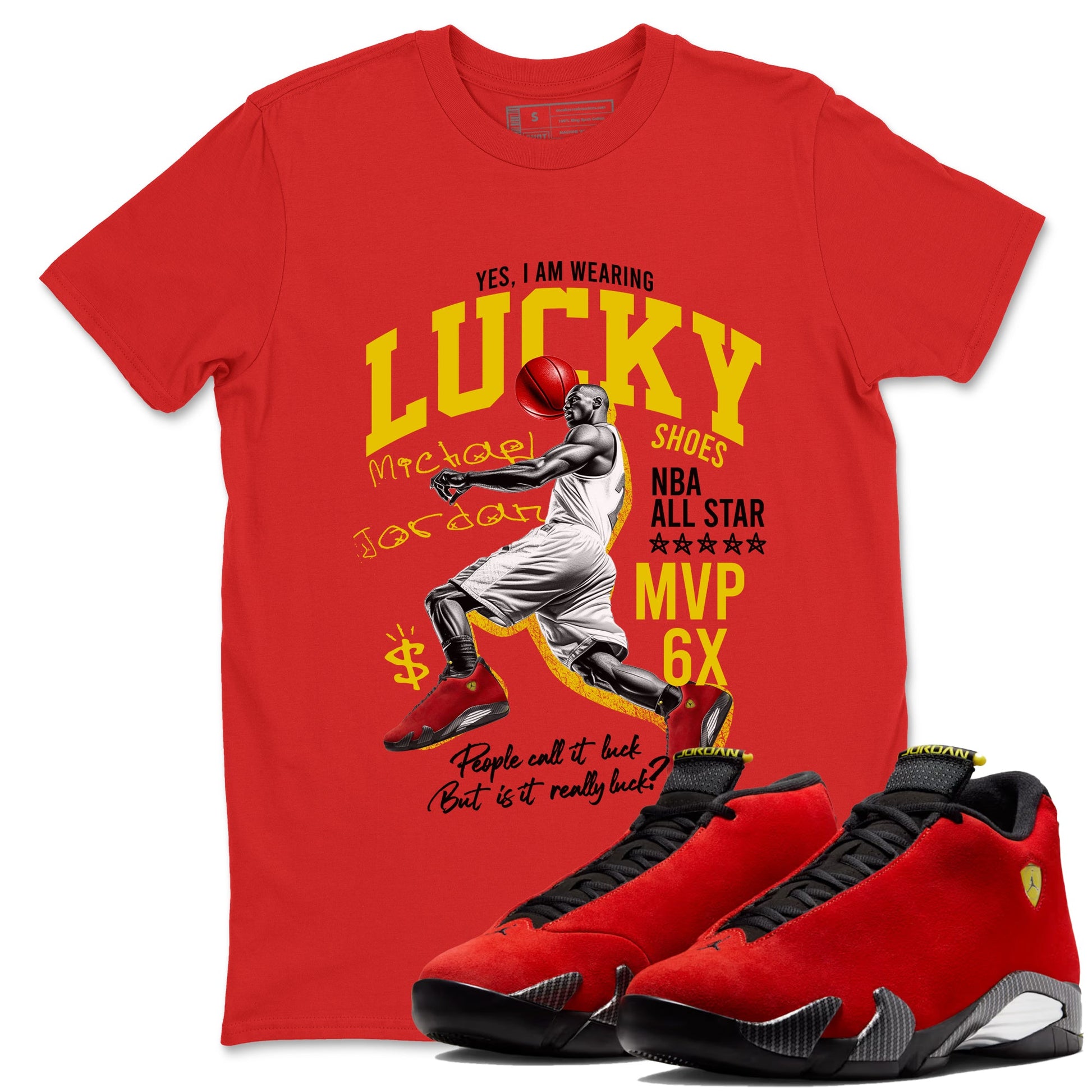 Lucky Player sneaker match t-shirt styled to complete your fit with the Air Jordan 14 Challenge Red sneakers, AJ14 Ferrari,  shown in Red 1.