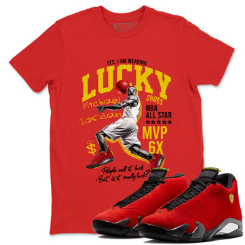 Lucky Player sneaker match t-shirt styled to complete your fit with the Air Jordan 14 Challenge Red sneakers, AJ14 Ferrari,  shown in Red 1.