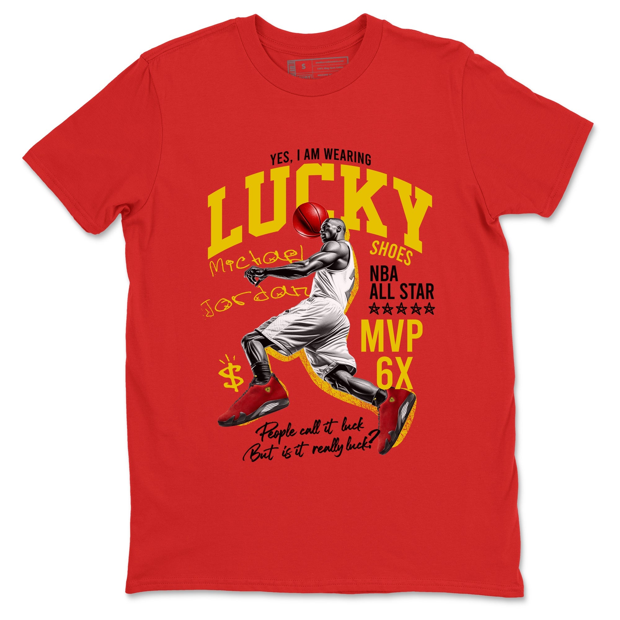 Lucky Player sneaker match t-shirt styled to complete your fit with the Air Jordan 14 Challenge Red sneakers, AJ14 Ferrari,  shown in Red 2.
