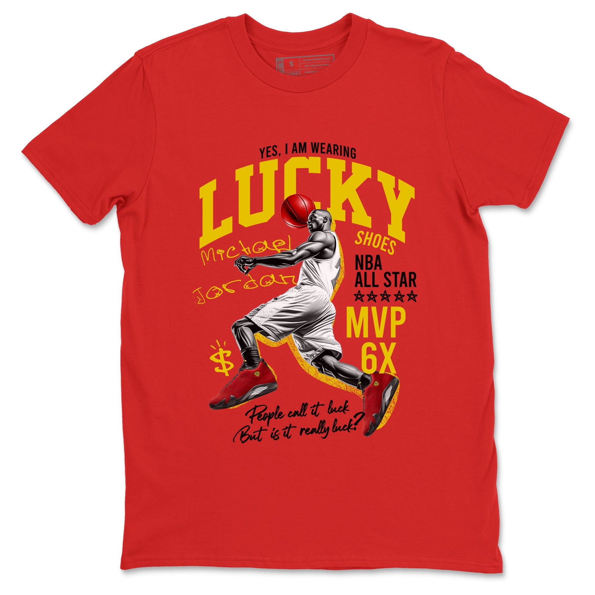 Lucky Player sneaker match t-shirt styled to complete your fit with the Air Jordan 14 Challenge Red sneakers, AJ14 Ferrari,  shown in Red 2.