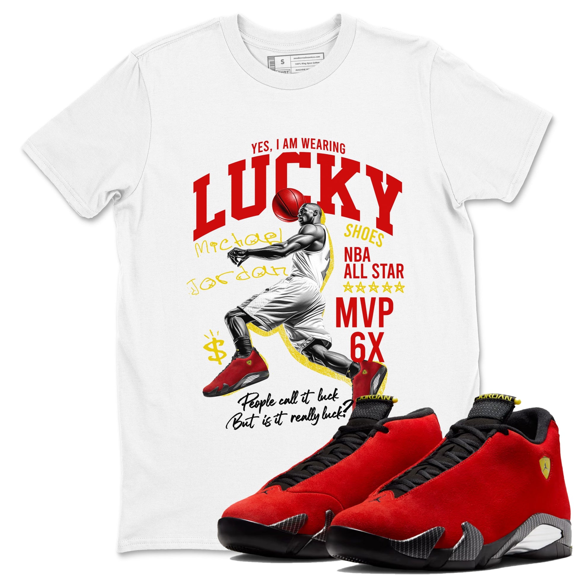 Lucky Player sneaker match t-shirt styled to complete your fit with the Air Jordan 14 Challenge Red sneakers, AJ14 Ferrari,  shown in White 1.