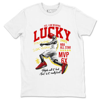 Lucky Player sneaker match t-shirt styled to complete your fit with the Air Jordan 14 Challenge Red sneakers, AJ14 Ferrari,  shown in White 2.