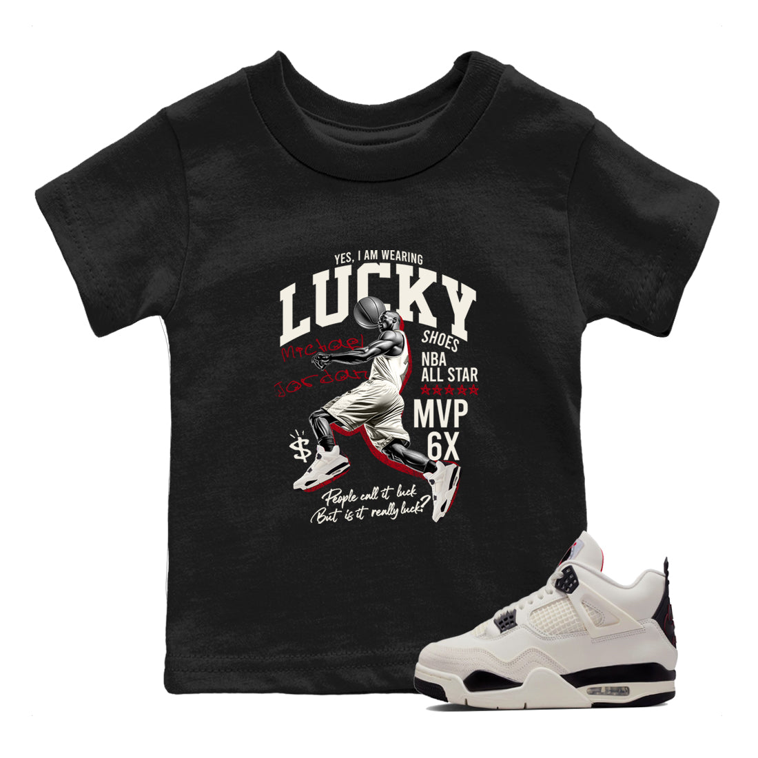 Sneaker match tees – Sneaker Tees To Match Air Jordan 4 Flight Club Shoes – Lucky Player Kids T-Shirt Black 1