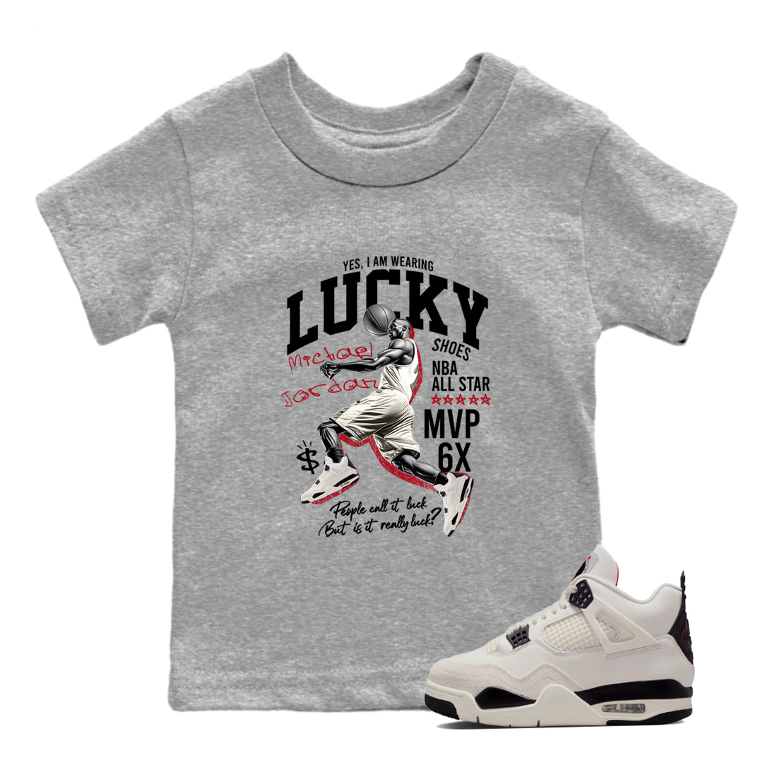 Sneaker match tees – Sneaker Tees To Match Air Jordan 4 Flight Club Shoes – Lucky Player Kids T-Shirt Heather Grey 1