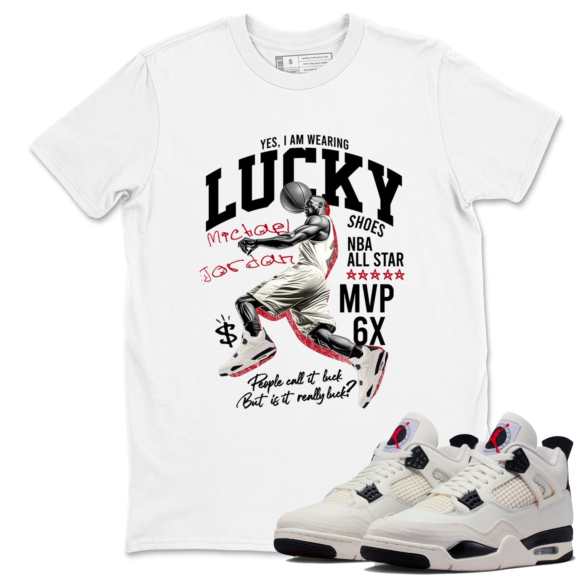 Sneaker match tees – Sneaker Tees To Match Air Jordan 4 Flight Club Shoes – Lucky Player Tee White 1
