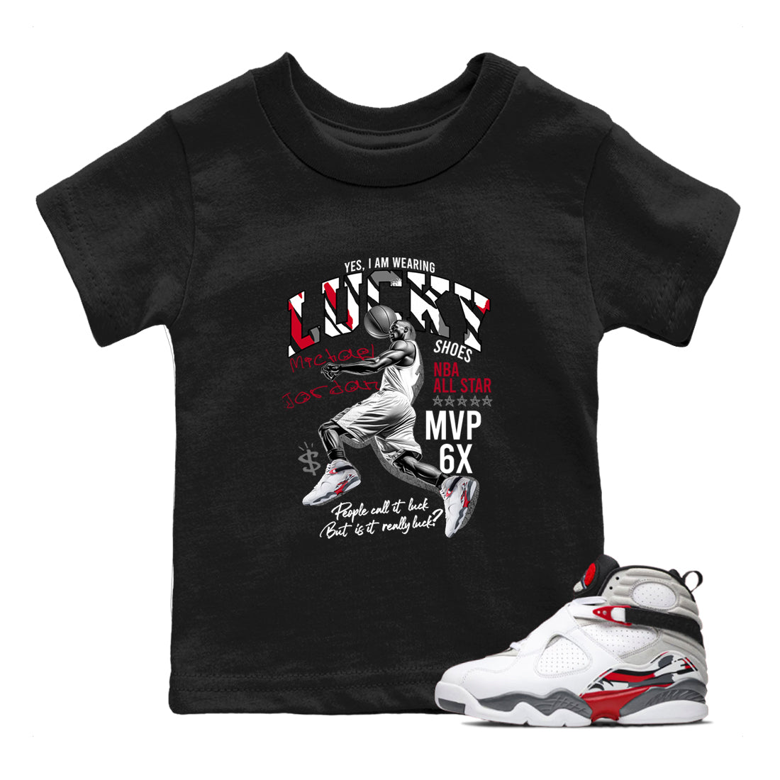 Sneaker match tees – Sneaker Tees To Match Air Jordan 8 Bunny Shoes Air Jordan 8 Bunny White and True Red – Lucky Player Kids T-Shirt Black 1