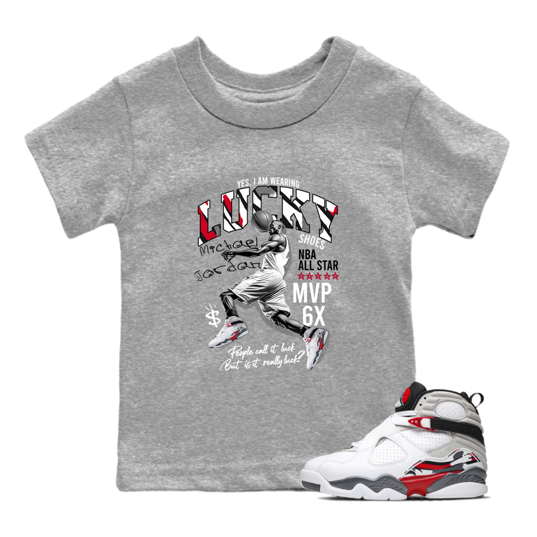 Sneaker match tees – Sneaker Tees To Match Air Jordan 8 Bunny Shoes Air Jordan 8 Bunny White and True Red – Lucky Player Kids T-Shirt Heather Grey 1