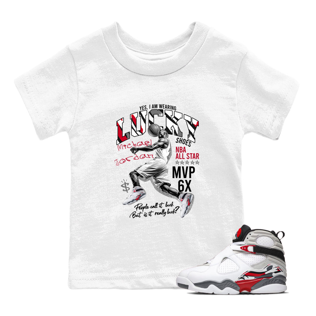 Sneaker match tees – Sneaker Tees To Match Air Jordan 8 Bunny Shoes Air Jordan 8 Bunny White and True Red – Lucky Player Kids T-Shirt White 1