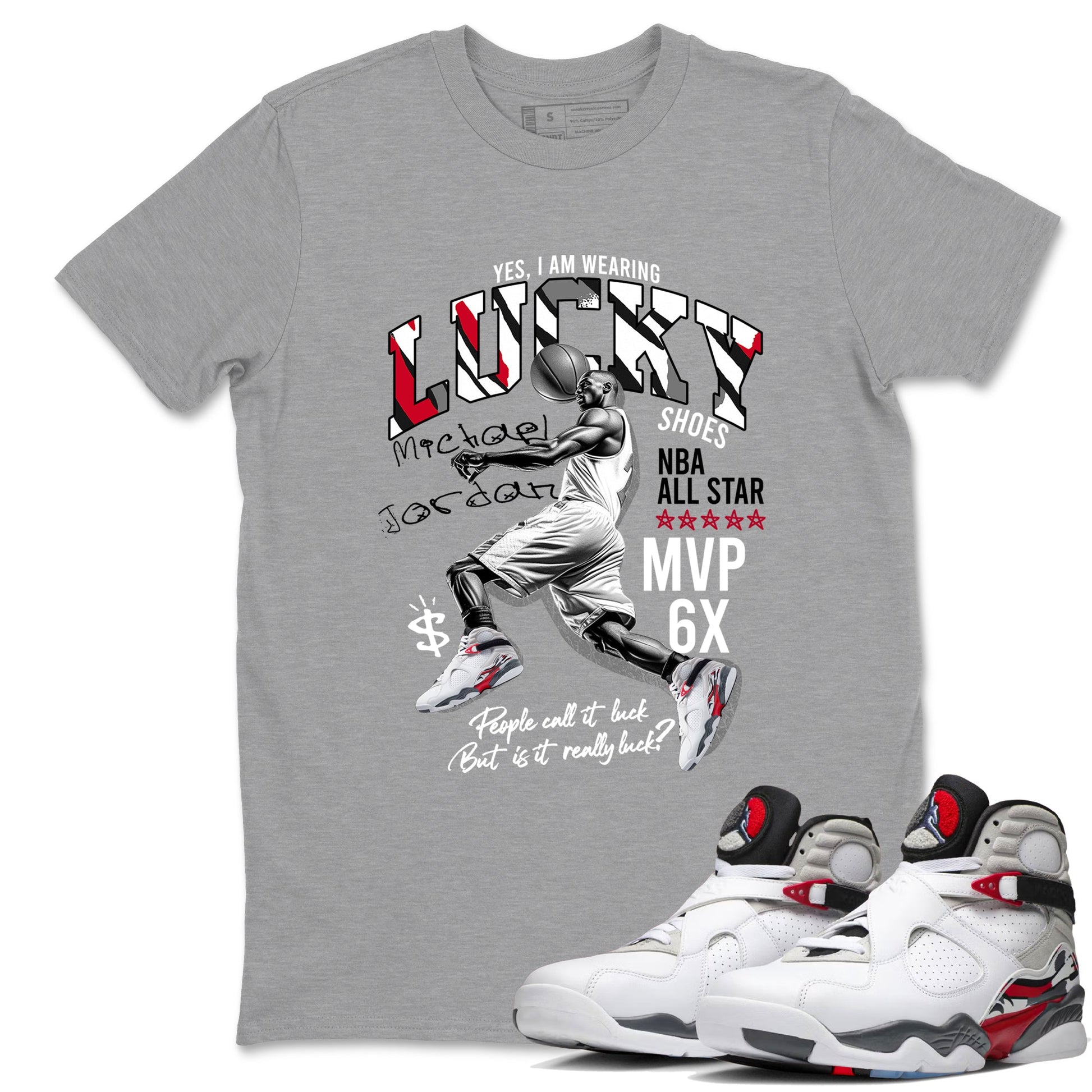 Sneaker match tees – Sneaker Tees To Match Air Jordan 8 Bunny Shoes Air Jordan 8 Bunny White and True Red – Lucky Player Tee Heather Grey 1
