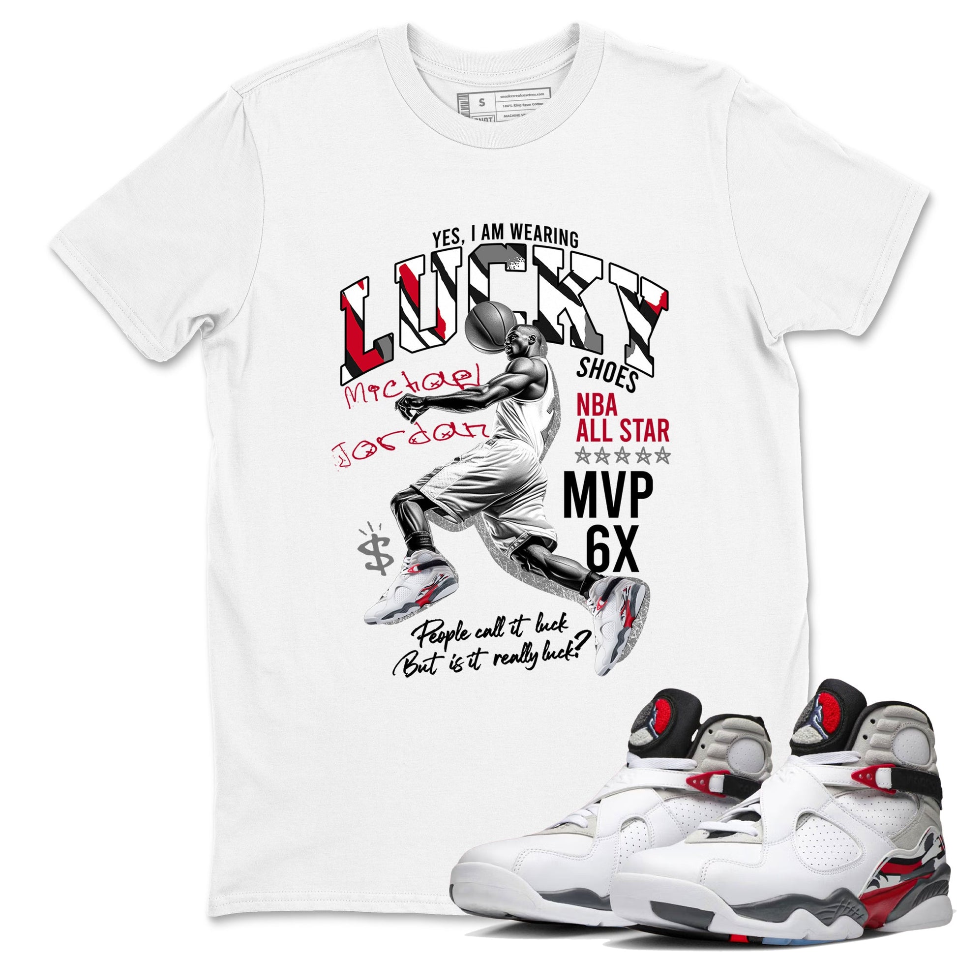 Sneaker match tees – Sneaker Tees To Match Air Jordan 8 Bunny Shoes Air Jordan 8 Bunny White and True Red – Lucky Player Tee White 1
