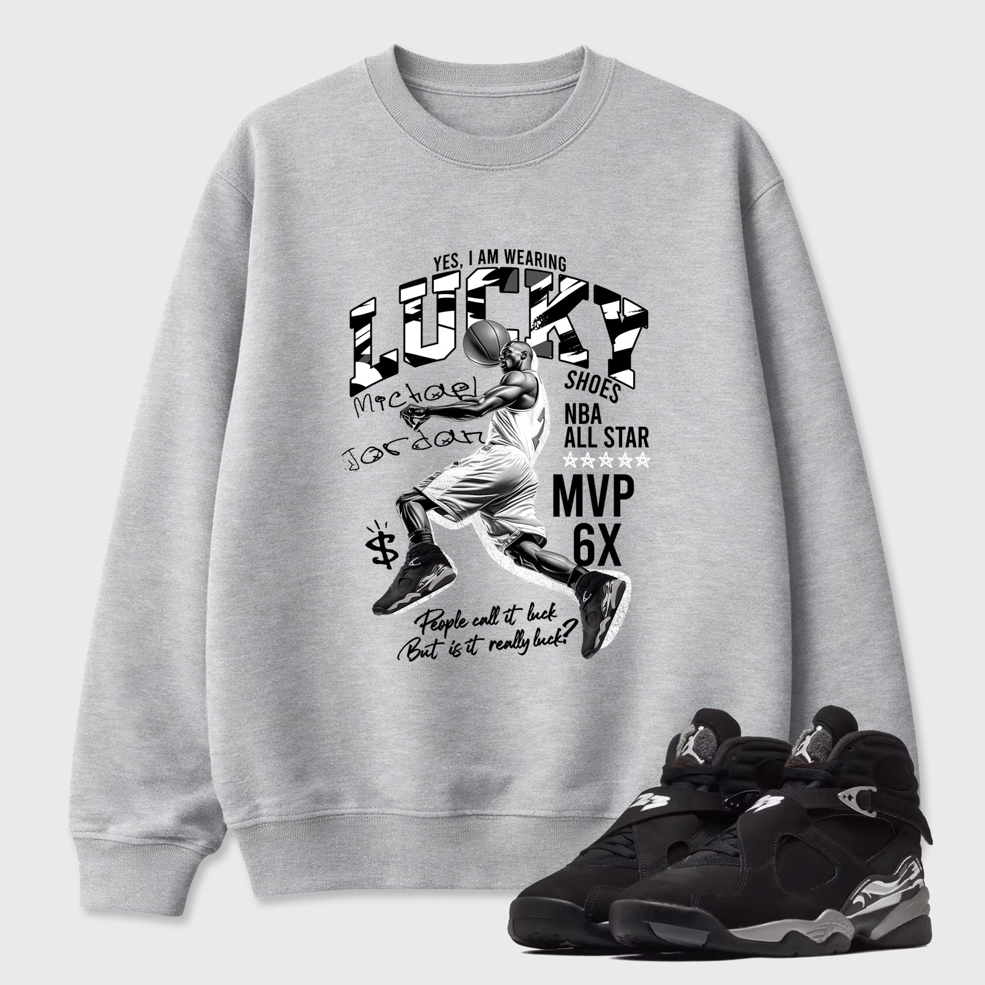 Lucky Player Graphic T-Shirt featuring original streetwear artwork designed to match the Air Jordan 8 Chrome. Heather Grey 1 Graphic Tee.