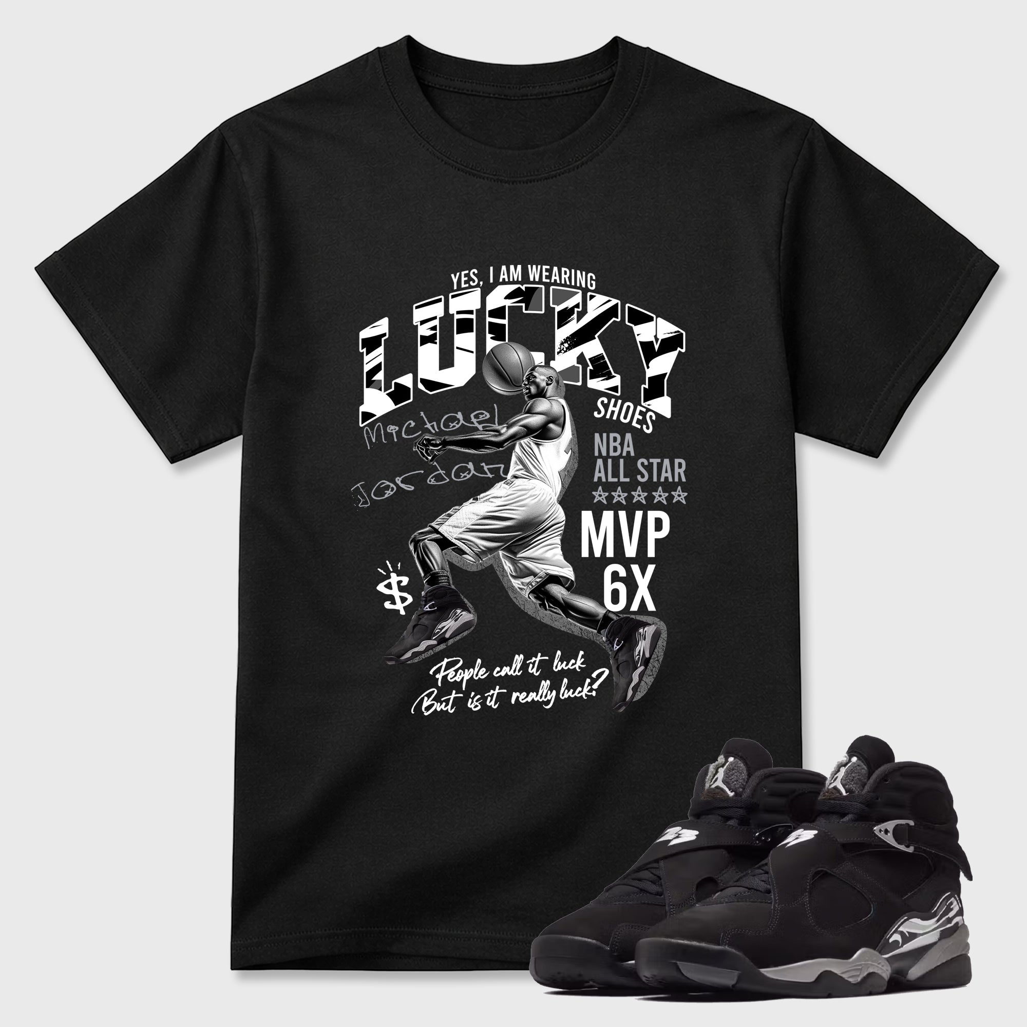 Lucky Player Graphic T-Shirt featuring original streetwear artwork designed to match the Air Jordan 8 Chrome. Black 1 Graphic T-Shirt.