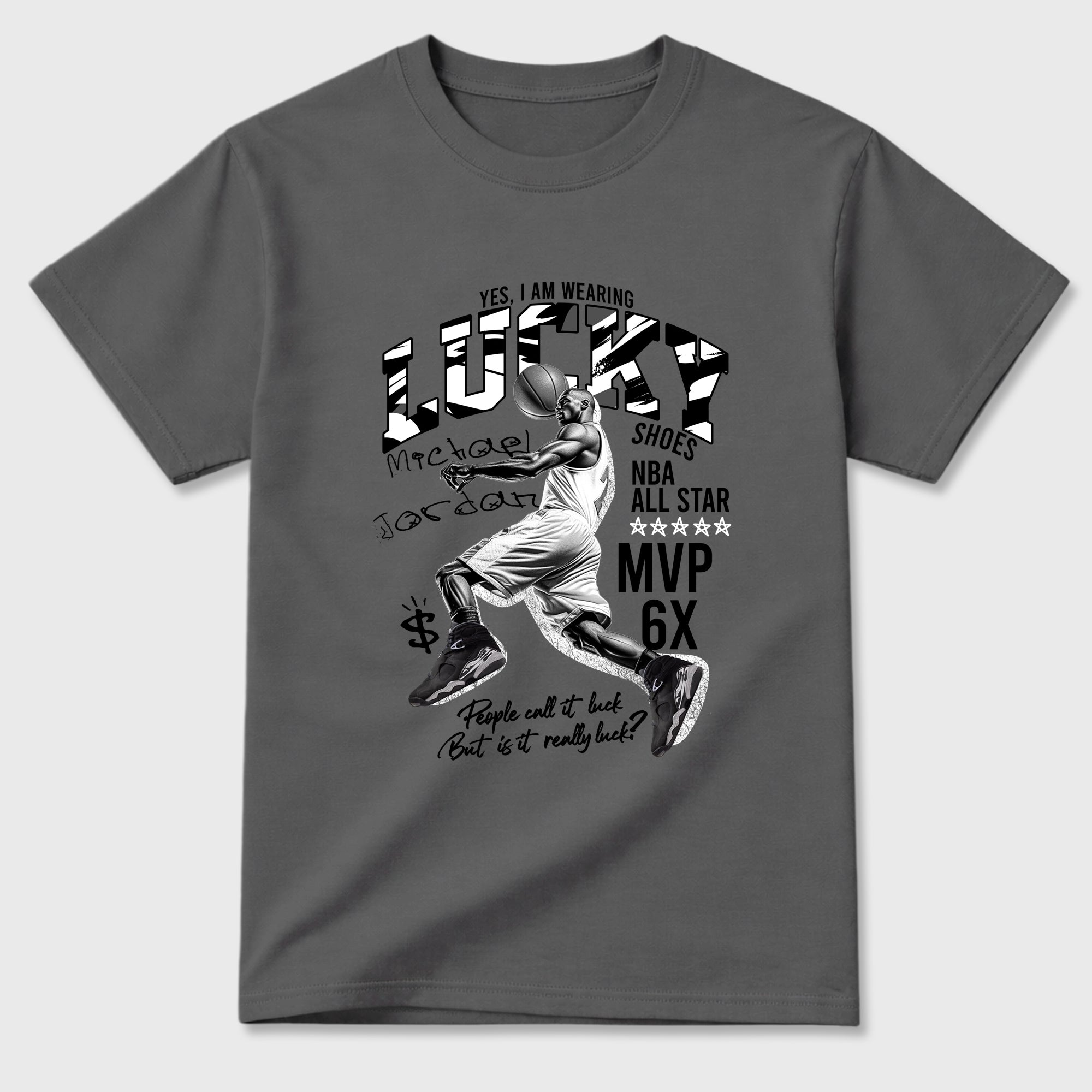 Lucky Player Graphic T-Shirt featuring original streetwear artwork designed to match the Air Jordan 8 Chrome. Cool Grey 2 Graphic T-Shirt.