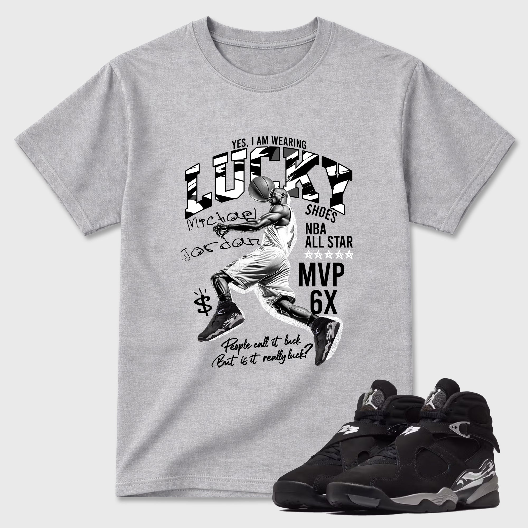 Lucky Player Graphic T-Shirt featuring original streetwear artwork designed to match the Air Jordan 8 Chrome. Heather Grey 1 Graphic T-Shirt.