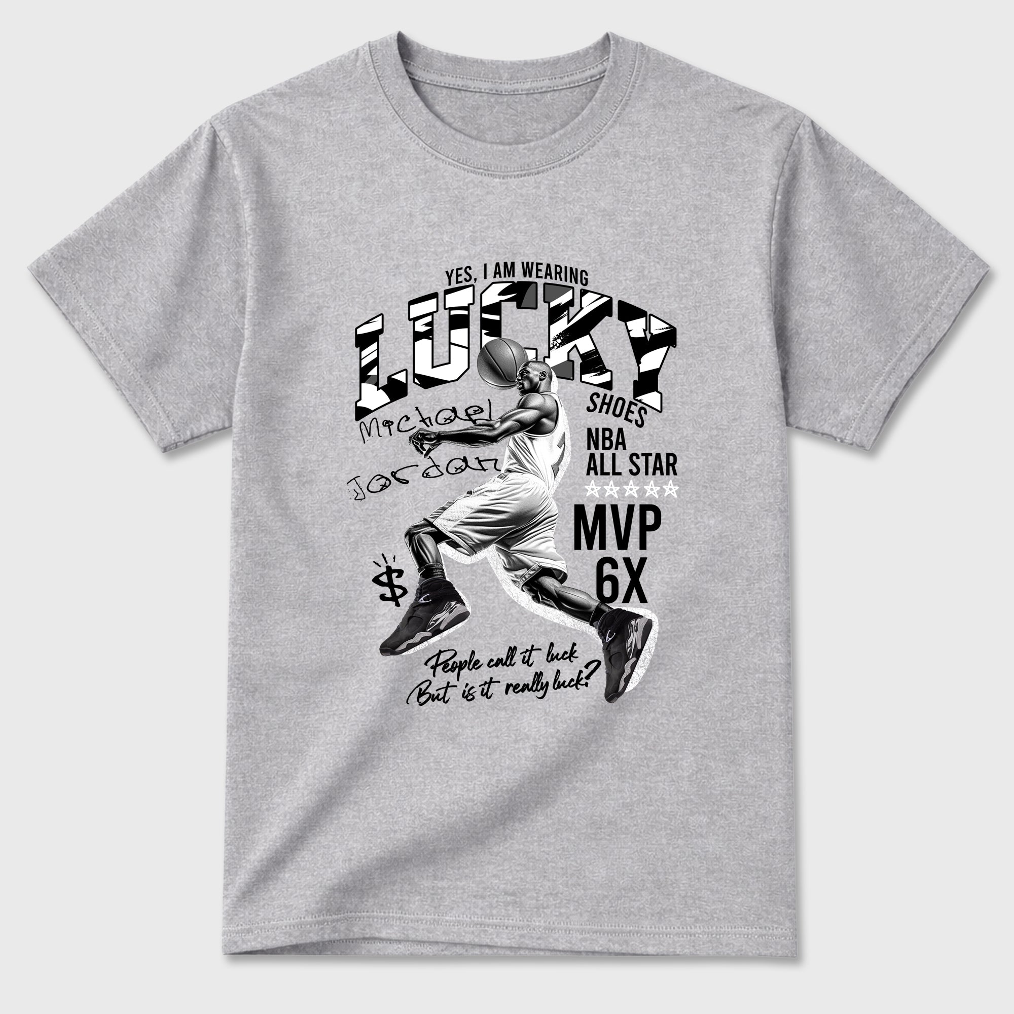 Lucky Player Graphic T-Shirt featuring original streetwear artwork designed to match the Air Jordan 8 Chrome. Heather Grey 2 Graphic T-Shirt.