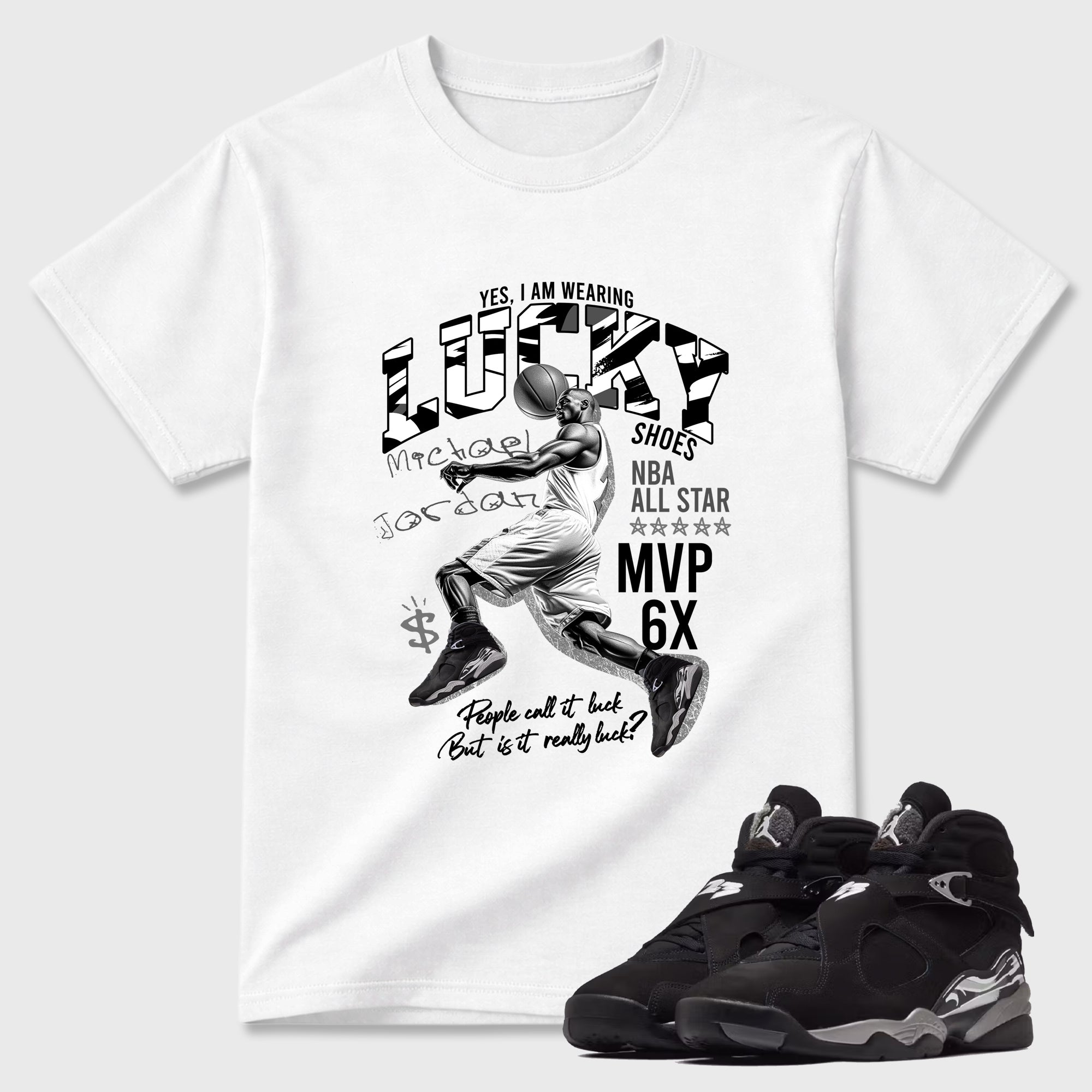 Lucky Player Graphic T-Shirt featuring original streetwear artwork designed to match the Air Jordan 8 Chrome. White 1 Graphic T-Shirt.
