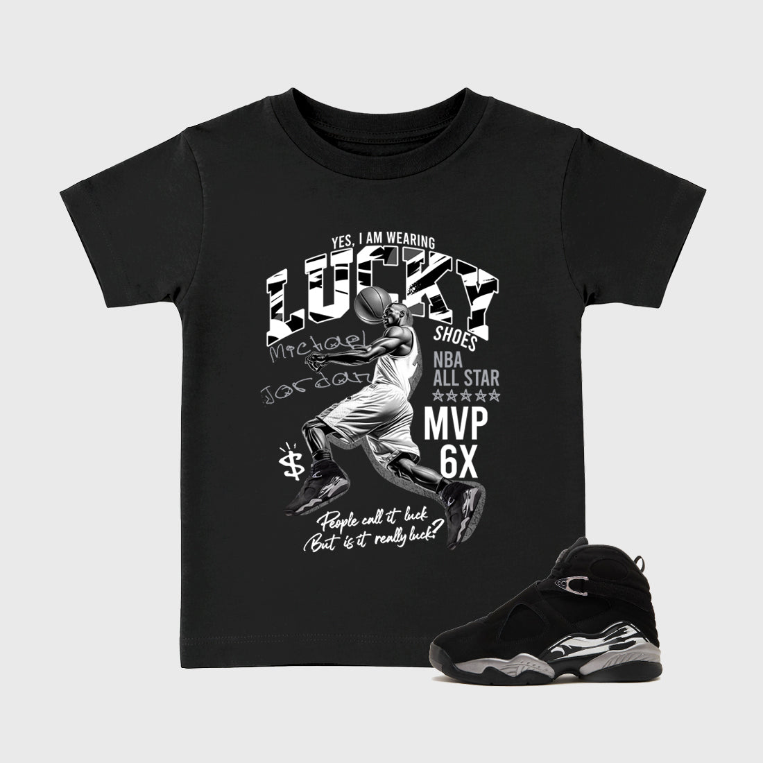 Lucky Player Baby & Kids Graphic T-Shirt featuring original artwork designed to match the Air Jordan 8 Chrome. Black 1 Kids Graphic Tee.