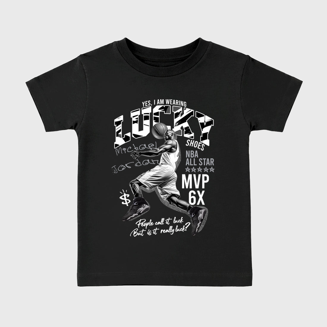 Lucky Player Baby & Kids Graphic T-Shirt featuring original artwork designed to match the Air Jordan 8 Chrome. Black 2 Kids Graphic Tee.