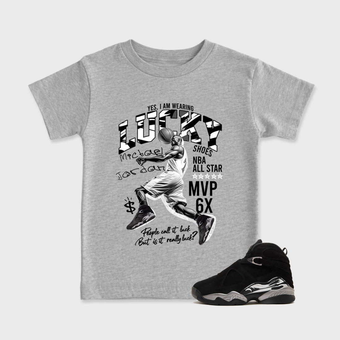 Lucky Player Baby & Kids Graphic T-Shirt featuring original artwork designed to match the Air Jordan 8 Chrome. Heather Grey 1 Kids Graphic Tee.