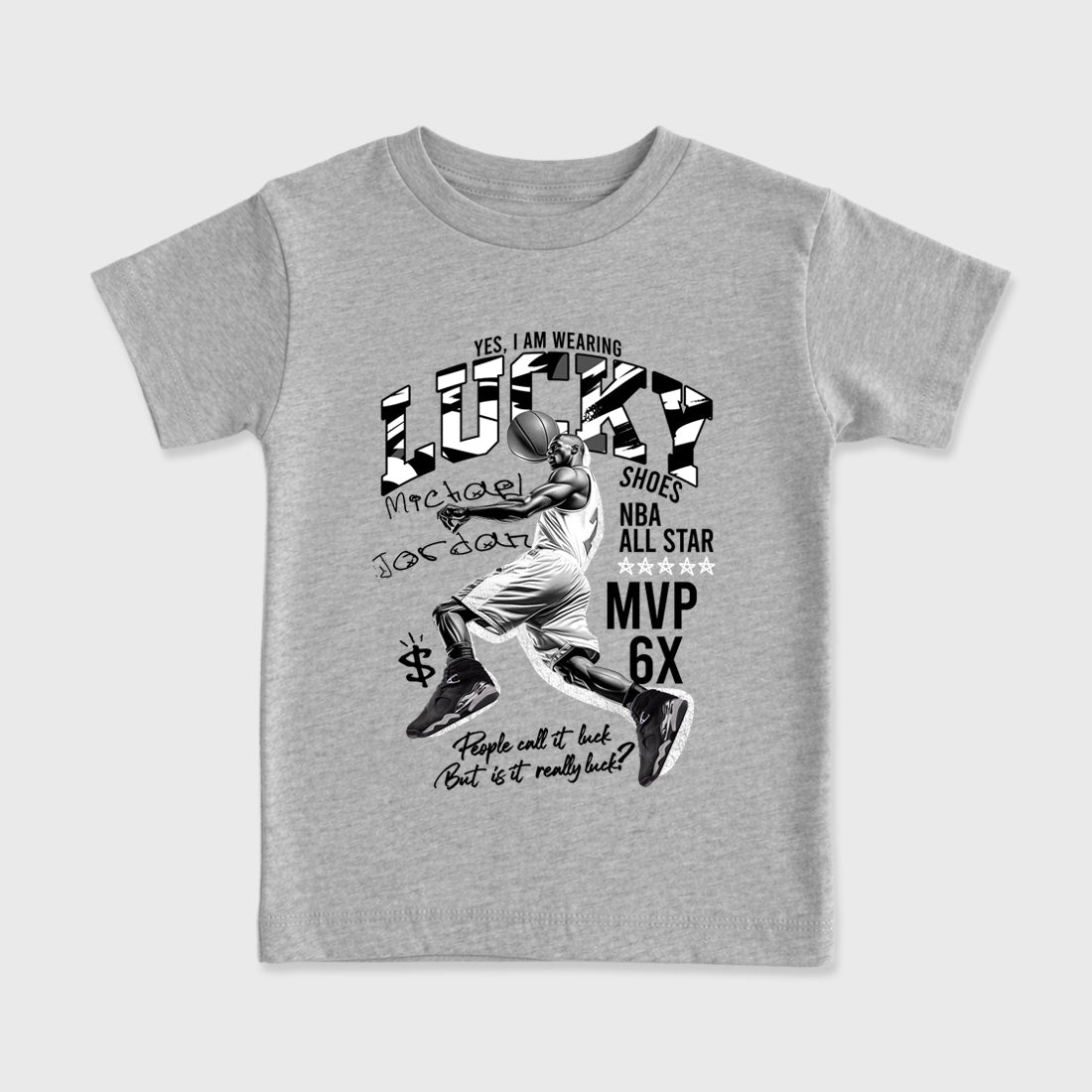 Lucky Player Baby & Kids Graphic T-Shirt featuring original artwork designed to match the Air Jordan 8 Chrome. Heather Grey 2 Kids Graphic Tee.