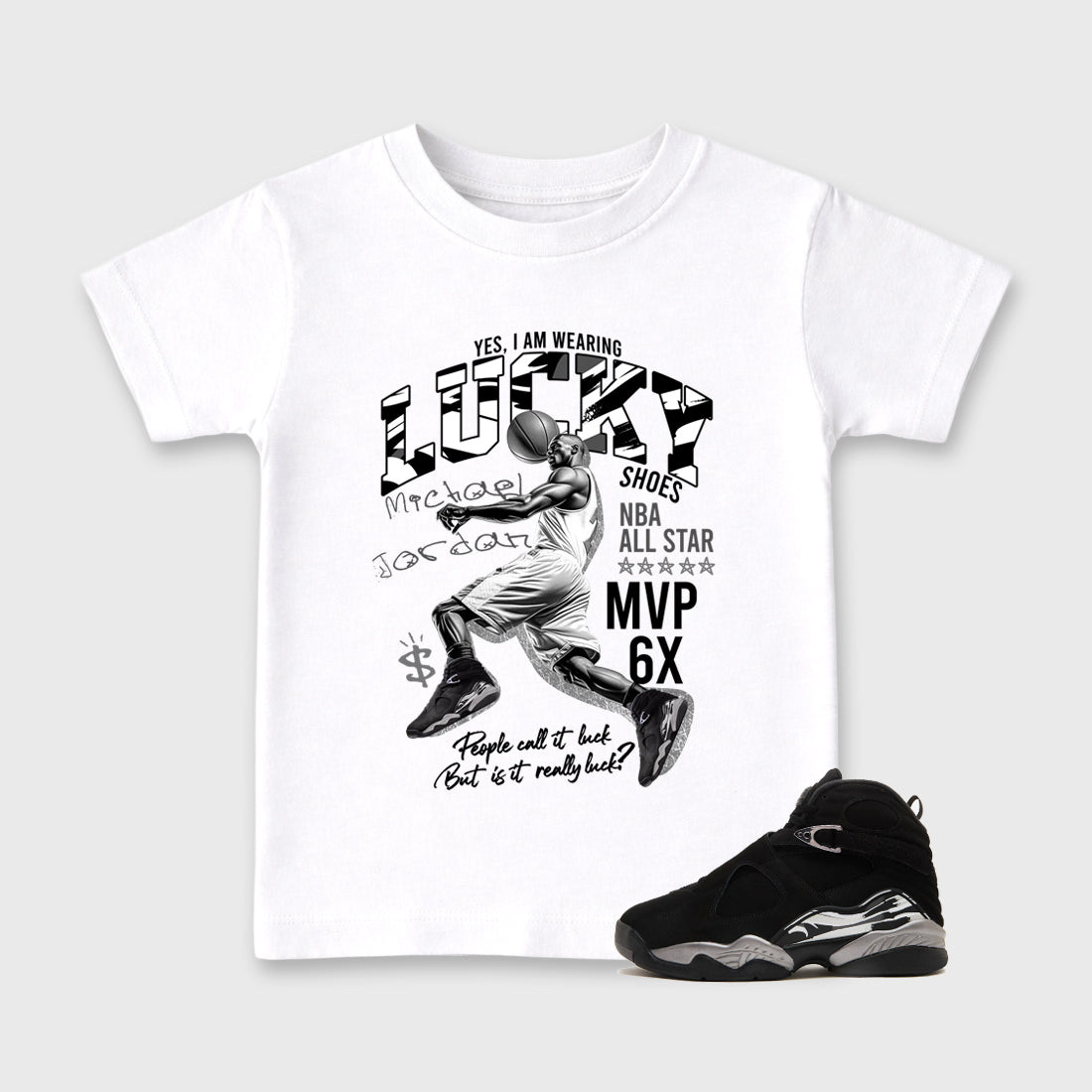 Lucky Player Baby & Kids Graphic T-Shirt featuring original artwork designed to match the Air Jordan 8 Chrome. White 1 Kids Graphic Tee.