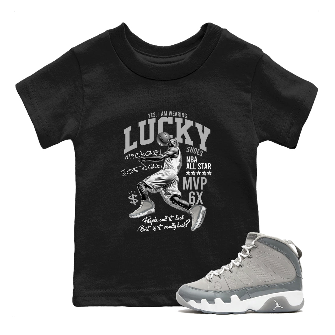 9s Cool Grey shirts to match jordans Lucky Player sneaker match tees Air Jordan 9 Retro Cool Grey match shoes to clothes SNRT Sneaker Tees Youth Baby Black 1 tee