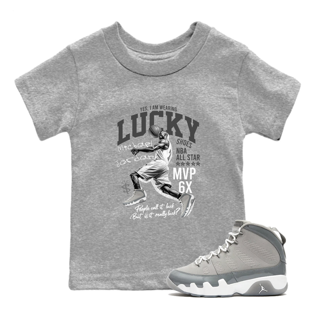 9s Cool Grey shirts to match jordans Lucky Player sneaker match tees Air Jordan 9 Retro Cool Grey match shoes to clothes SNRT Sneaker Tees Youth Baby Heather Grey 1 tee