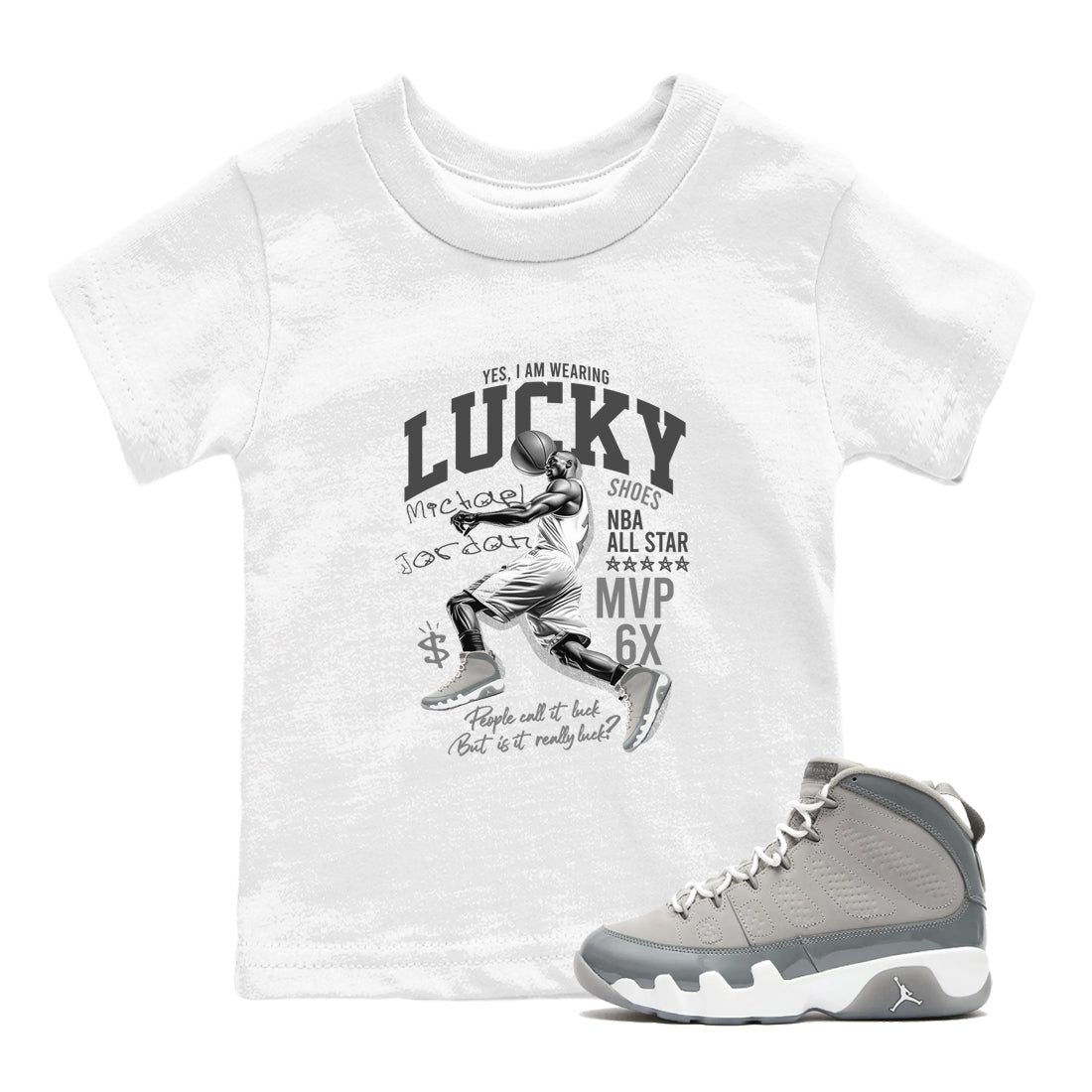 9s Cool Grey shirts to match jordans Lucky Player sneaker match tees Air Jordan 9 Retro Cool Grey match shoes to clothes SNRT Sneaker Tees Youth Baby White 1 tee