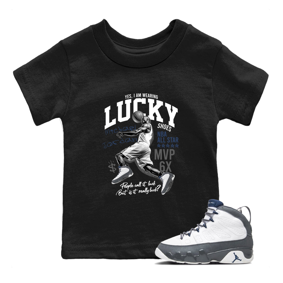 Perfect Valentine's Day Gifts graphic tee  – Sneaker Tees To Match Air Jordan 9 Flint Grey – Lucky Player Kids Graphic T-Shirt Black 1