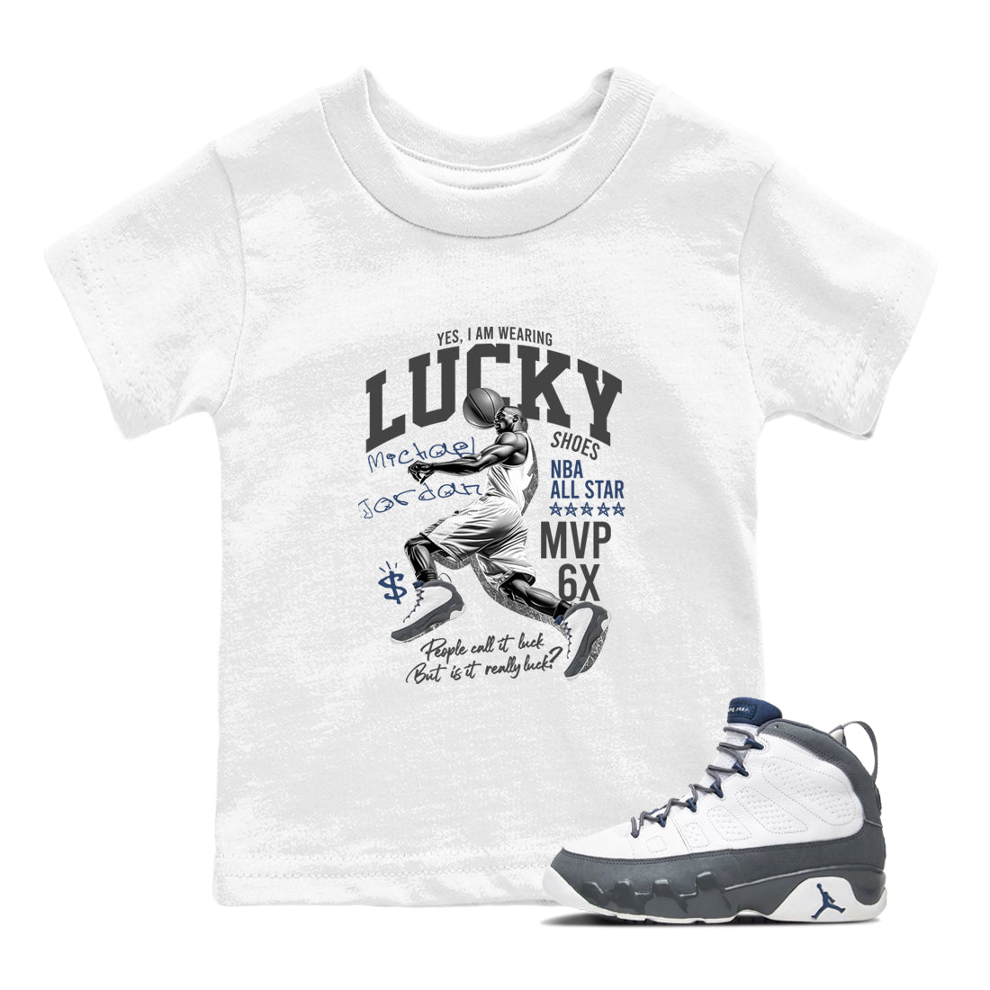 Perfect Valentine's Day Gifts graphic tee  – Sneaker Tees To Match Air Jordan 9 Flint Grey – Lucky Player Kids Graphic T-Shirt White 1