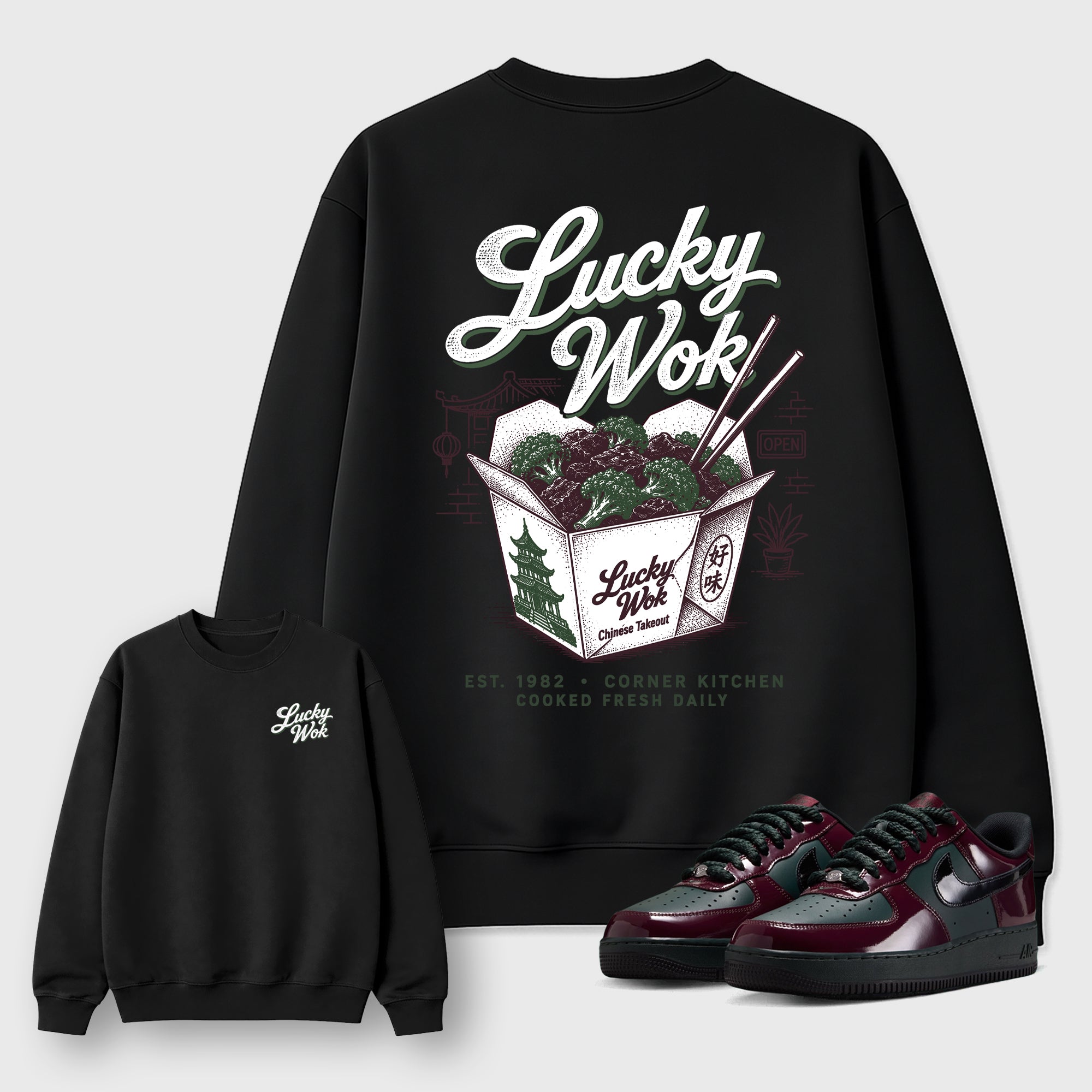 Lucky Wok Graphic T-Shirt featuring original streetwear artwork designed to match the Air Force 1 Beef and Broccoli. Black Graphic Tee.