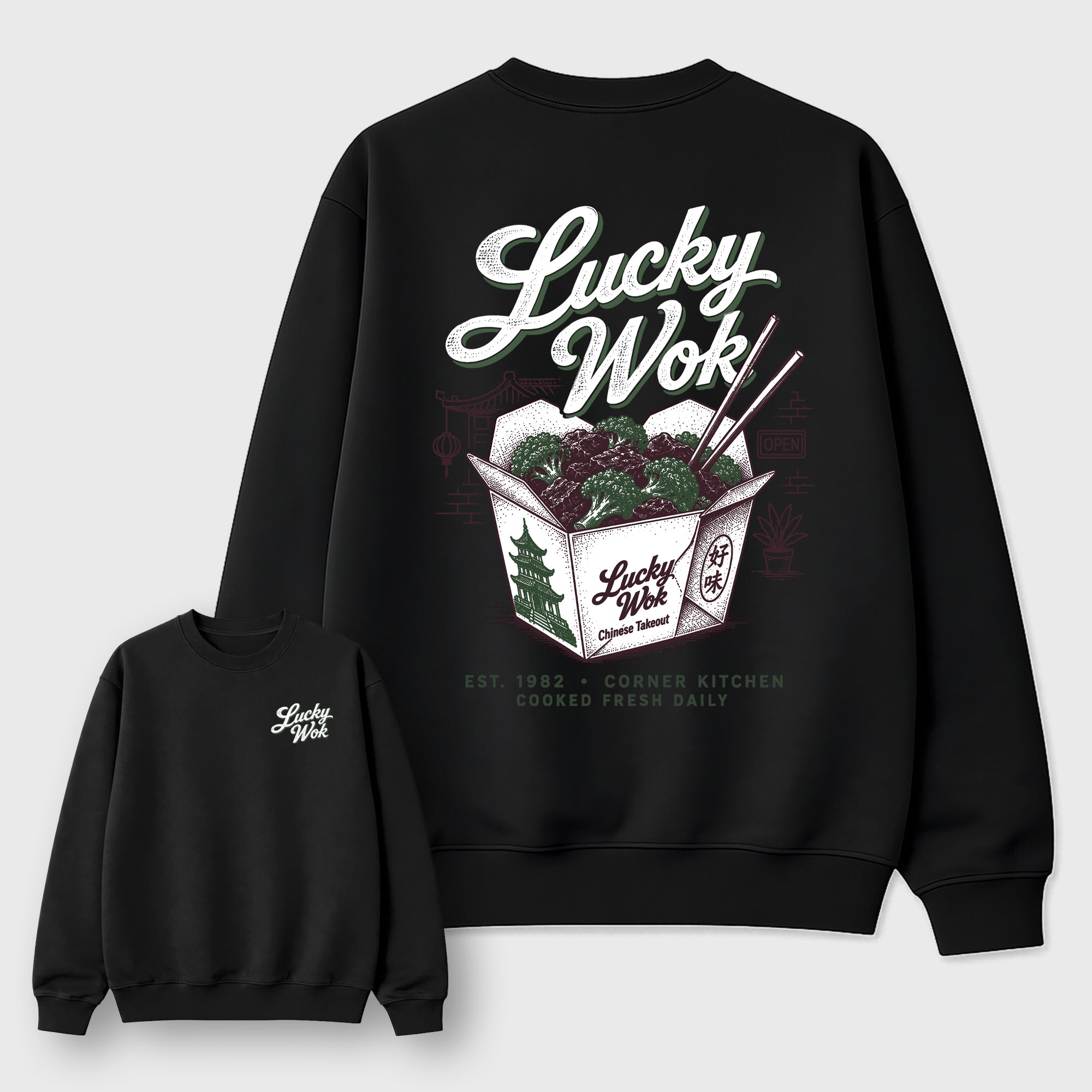 Lucky Wok Graphic T-Shirt featuring original streetwear artwork designed to match the . Black Graphic Tee.