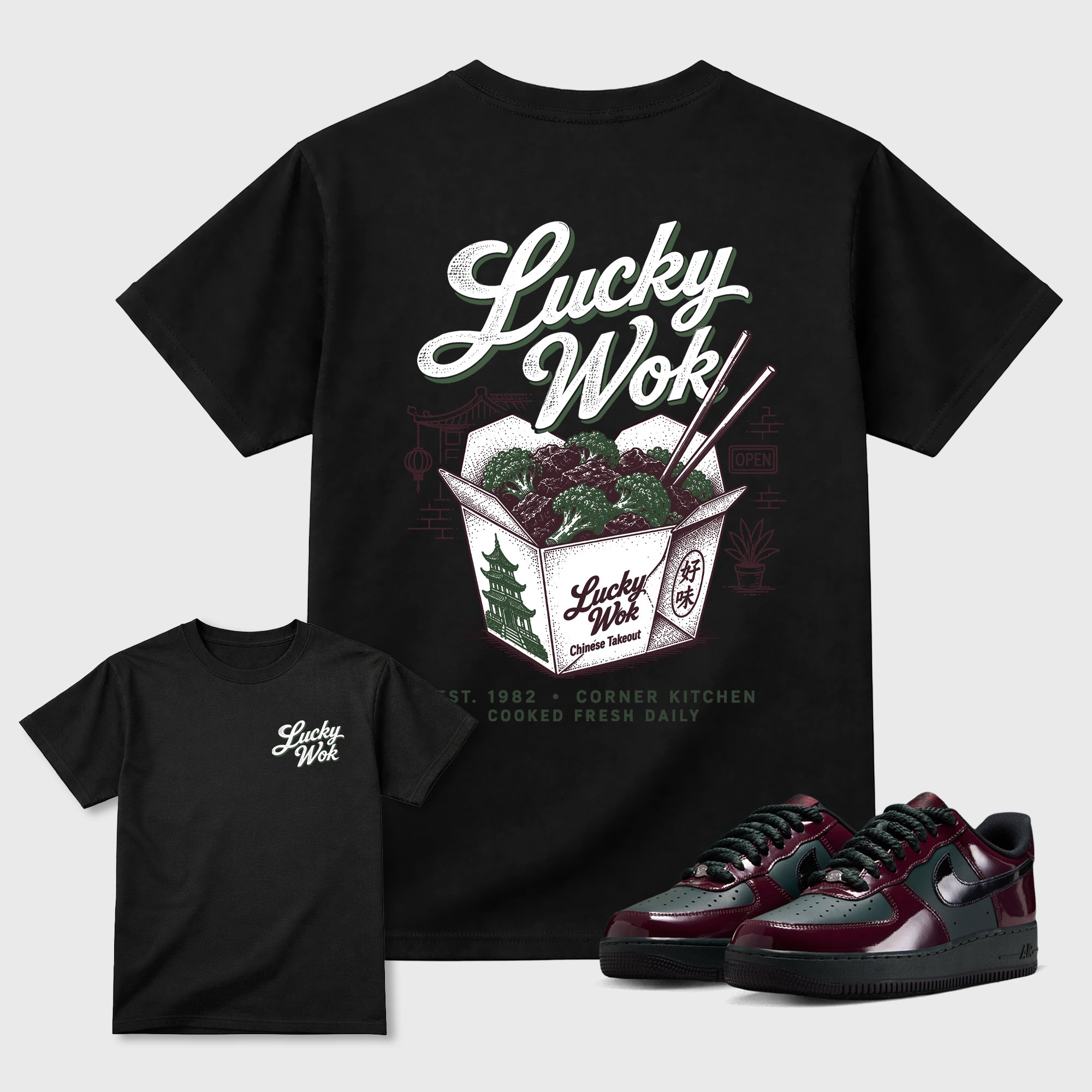 Lucky Wok Graphic T-Shirt featuring original streetwear artwork designed to match the Air Force 1 Beef and Broccoli. Black Graphic T-Shirt.